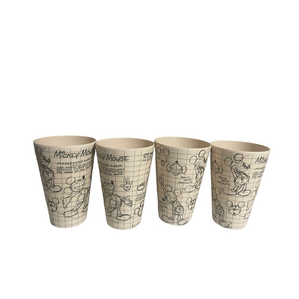 DISNEY Plastic Cups Artwork Sketches Of Goofy, Mickey Minnie Rare 4 Pc